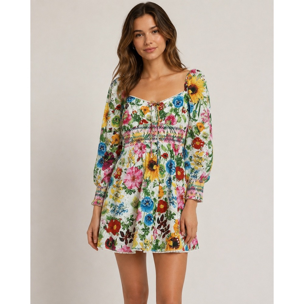 Alice + Olivia Size 4 Floral Eyelet Smocked Waist Mini Dress